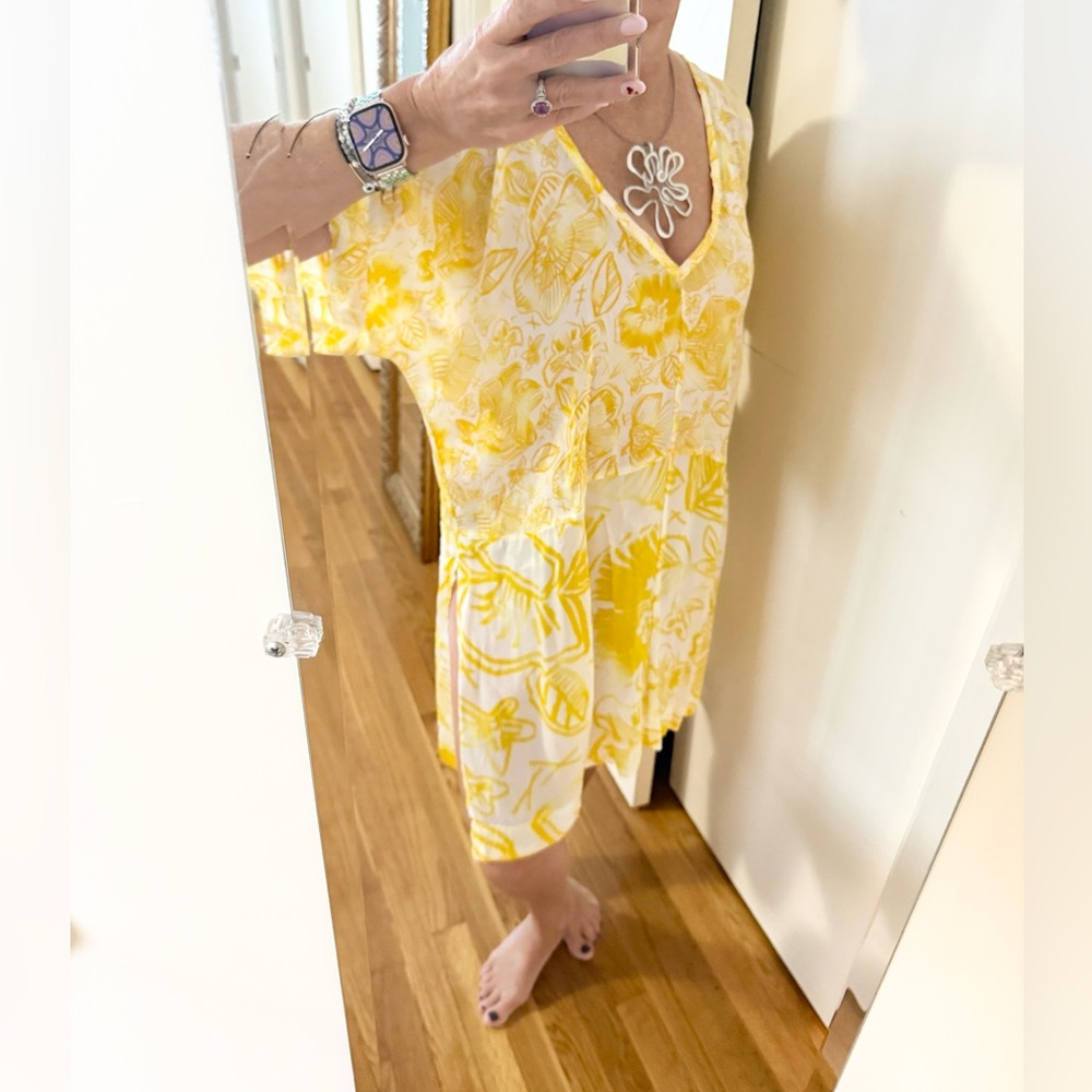 Anthropologie Lilka Nadyia Printed Caftan XS | Yellow Semi Sheer Beach Cover Up - Picture 8 of 15